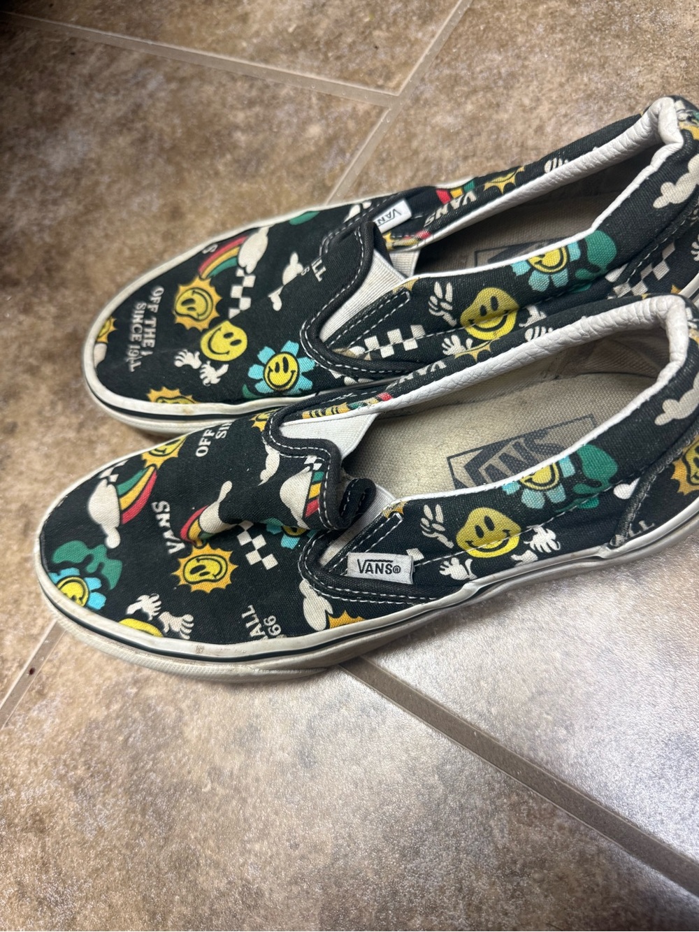 Vans Kids Slip-On Sneakers - Black with Yellow & Green Smiley Print